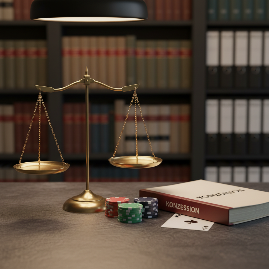 A detailed tabletop scene featuring a balanced brass scale of justice in the foreground, each pan empty and perfectly aligned, standing on a dark stone surface. Next to it lies a small stack of casino-related items: a closed regulatory dossier labeled “Konzession”, a neatly arranged row of colorful poker chips, and a single playing card partially tucked under the folder. The background shows blurred shelves with neatly arranged legal commentaries and binders. Warm, directional office lighting from above creates precise highlights on the brass and gentle shadows behind the objects. Photographic realism with a slightly elevated angle and shallow depth of field lends a serious yet accessible mood, symbolizing the balance between gambling and legal oversight.