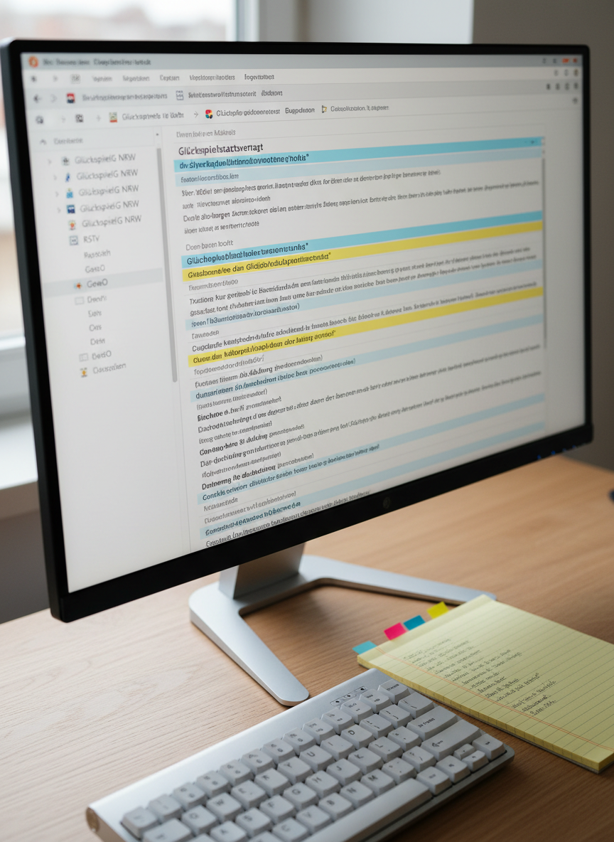 A close-up of a modern computer monitor displaying a clean, white legal research interface with highlighted sections of German gambling regulations and a visible navigation tree of statutes on the left. The monitor rests on a sleek, light oak desk with a compact mechanical keyboard, a legal pad filled with neatly written notes, and color-coded sticky page markers. Diffused overcast daylight from a nearby window creates even, glare-free illumination and soft reflections on the monitor’s black bezel. Captured from a slightly angled side view in photographic realism, the composition follows the rule of thirds, emphasizing digital research and structured analysis. The atmosphere is focused, methodical, and distinctly professional, ideal for a blog on Glücksspielrecht.