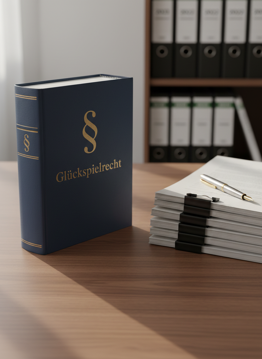 A minimalist, high-end legal desk setup focused on a thick, dark blue hardcover law book embossed with a subtle golden paragraph symbol and the word “Glücksspielrecht” on the spine. The book lies open on a matte walnut desktop beside a tidy stack of neatly clipped case files and a slim metal fountain pen. In the background, a blurred bookshelf shows organized binders labeled with years and case numbers. Soft morning daylight enters from the left, grazing the paper fibers and creating gentle, professional shadows. Shot at eye level with a shallow depth of field in photographic realism, the mood is serious, calm, and analytical, reflecting a professional legal blog about gambling regulation.